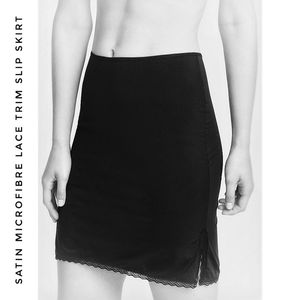 Black Minimalist Lace Trim Satin Slip Skirt